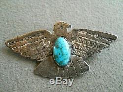 Harvey Era Navajo Turquoise Stamped Sterling Silver Thunderbird Pin / Brooch