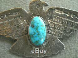 Harvey Era Navajo Turquoise Stamped Sterling Silver Thunderbird Pin / Brooch