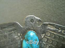 Harvey Era Navajo Turquoise Stamped Sterling Silver Thunderbird Pin / Brooch