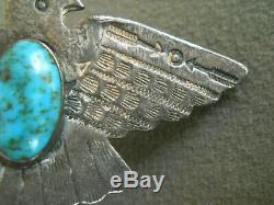 Harvey Era Navajo Turquoise Stamped Sterling Silver Thunderbird Pin / Brooch