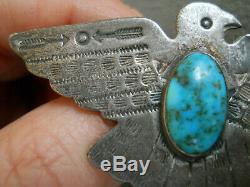 Harvey Era Navajo Turquoise Stamped Sterling Silver Thunderbird Pin / Brooch