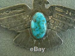 Harvey Era Navajo Turquoise Stamped Sterling Silver Thunderbird Pin / Brooch