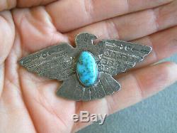 Harvey Era Navajo Turquoise Stamped Sterling Silver Thunderbird Pin / Brooch