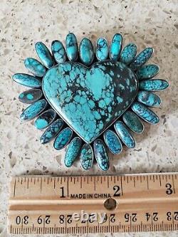 Heart Brooch Pin Sterling Silver Turquoise signed JF Della & Francis James