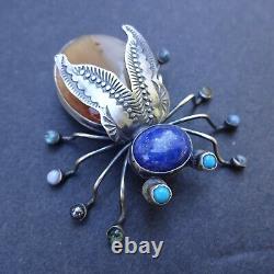 Herbert Ration NAVAJO Hand-Stamped Sterling Silver AMBER INSECT Bug PIN/BROOCH