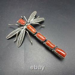 Herbert Ration NAVAJO Hand-Stamped Sterling Silver CORAL DRAGONFLY PIN/BROOCH