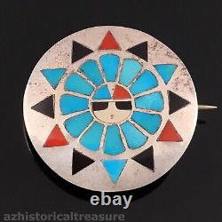 Hesser Lanyate- Native American Zuni Silver Multi-stone Inlay Sun Pin Pendant