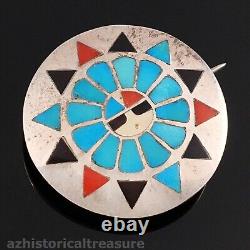 Hesser Lanyate- Native American Zuni Silver Multi-stone Inlay Sun Pin Pendant