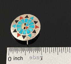 Hesser Lanyate- Native American Zuni Silver Multi-stone Inlay Sun Pin Pendant