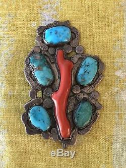 Historic Dan Simplicio Zuni Pin/Pendant ca 1940's, Bisbee Turquoise Red Coral