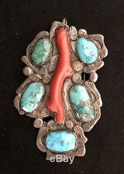 Historic Dan Simplicio Zuni Pin/Pendant ca 1940's, Bisbee Turquoise Red Coral
