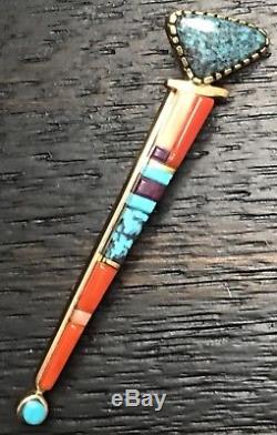 Hopi SONWAI 14k Solid Gold Turquoise / Coral Inlay Brooch By Verma Nequatewa