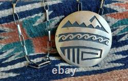 Huge 3 1960's Hopi Silver Pin / Pendant & Orig Chain 81 Grams Signed