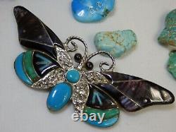 Huge 3.5 ZUNI Abalone TURQUOISE Onyx STERLING Silver BUTTERFLY Pin PENDANT