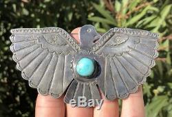 Huge 4.25 Fred Harvey Navajo Thunderbird Blue Gem Turquoise Sterling Silver Pin
