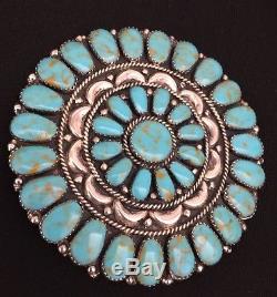 Huge Native American Sterling Silver Turquoise Cluster Pin Pendant Signed LWMS