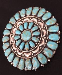 Huge Native American Sterling Silver Turquoise Cluster Pin Pendant Signed LWMS