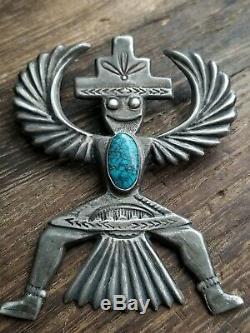 Huge Navajo Knife Wind Kachina Sterling Silver Turquoise Pin Brooch 26.2 Grams