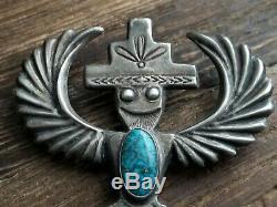 Huge Navajo Knife Wind Kachina Sterling Silver Turquoise Pin Brooch 26.2 Grams