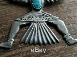 Huge Navajo Knife Wind Kachina Sterling Silver Turquoise Pin Brooch 26.2 Grams