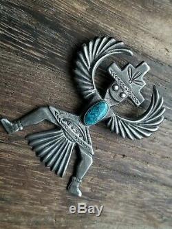 Huge Navajo Knife Wind Kachina Sterling Silver Turquoise Pin Brooch 26.2 Grams