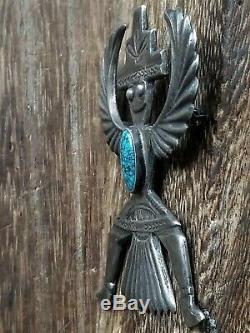 Huge Navajo Knife Wind Kachina Sterling Silver Turquoise Pin Brooch 26.2 Grams