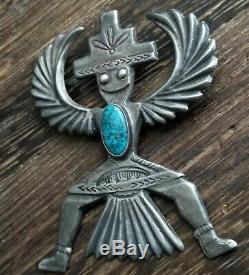 Huge Navajo Knife Wind Kachina Sterling Silver Turquoise Pin Brooch 26.2 Grams