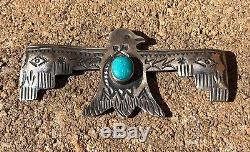 Huge Old Fred Harvey Navajo Thunderbird Morenci Turquoise Sterling Silver Pin