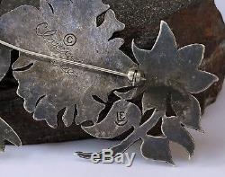 Huge Old Navajo Clarence Lee Sterling Silver Flower & Hummingbird Pin Brooch