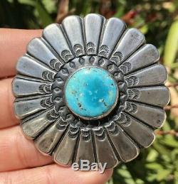 Huge Old Navajo Sterling Silver Carico Lake Turquoise Concho Flower Pin Pendant