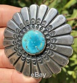 Huge Old Navajo Sterling Silver Carico Lake Turquoise Concho Flower Pin Pendant