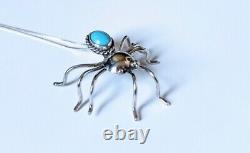 Huge Old Pawn Navajo Native American Sterling Silver Turquoise Spider Pin Brooch