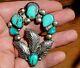 Huge Old Pawn Navajo Sterling Silver & Turquoise Stones Floral Brooch Pin