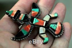 Huge Old Pawn Zuni Sterling Silver KNIFEWING Brooch Pin Turquoise Onyx Coral
