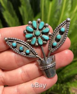 Huge Old Pawn Zuni Sterling Silver Turquoise Cluster Daisy Flower Pot Brooch Pin