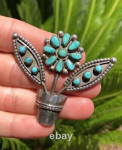 Huge Old Pawn Zuni Sterling Silver Turquoise Cluster Daisy Flower Pot Brooch Pin