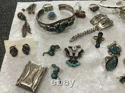 Huge Sterling Native American Turquoise Lot Cuffs Pin Rings Earrings Box Watch B