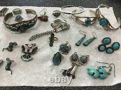 Huge Sterling Native American Turquoise Lot Cuffs Pin Rings Earrings Box Watch B