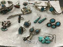 Huge Sterling Native American Turquoise Lot Cuffs Pin Rings Earrings Box Watch B