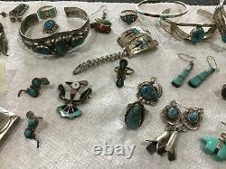 Huge Sterling Native American Turquoise Lot Cuffs Pin Rings Earrings Box Watch B