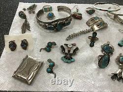 Huge Sterling Native American Turquoise Lot Cuffs Pin Rings Earrings Box Watch B