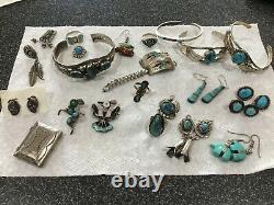 Huge Sterling Native American Turquoise Lot Cuffs Pin Rings Earrings Box Watch B