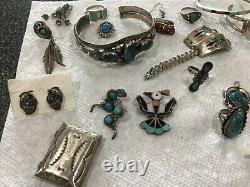 Huge Sterling Native American Turquoise Lot Cuffs Pin Rings Earrings Box Watch B