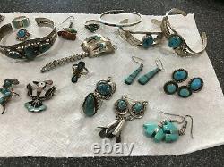 Huge Sterling Native American Turquoise Lot Cuffs Pin Rings Earrings Box Watch B