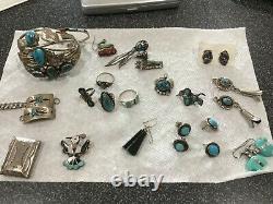 Huge Sterling Native American Turquoise Lot Cuffs Pin Rings Earrings Box Watch B