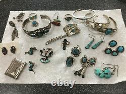 Huge Sterling Native American Turquoise Lot Cuffs Pin Rings Earrings Box Watch B