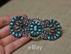 Huge Vintage Native American Zuni Sterling Silver Turquoise Pin Brooch
