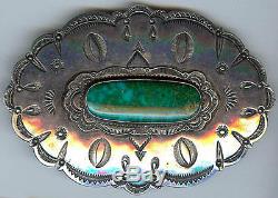 Huge Vintage Navajo Indian Stamped Designs Silver Green Turquoise Pin Brooch