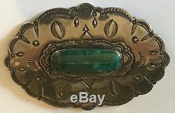 Huge Vintage Navajo Indian Stamped Designs Silver Green Turquoise Pin Brooch