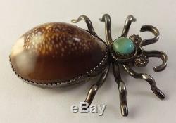 Huge Vintage Navajo Indian Sterling Silver Bug Pin with Turquoise and Shell